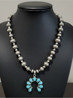 Sterling Silver Navajo Pearls Turquoise Naja Squash Blossom Pendant Necklace